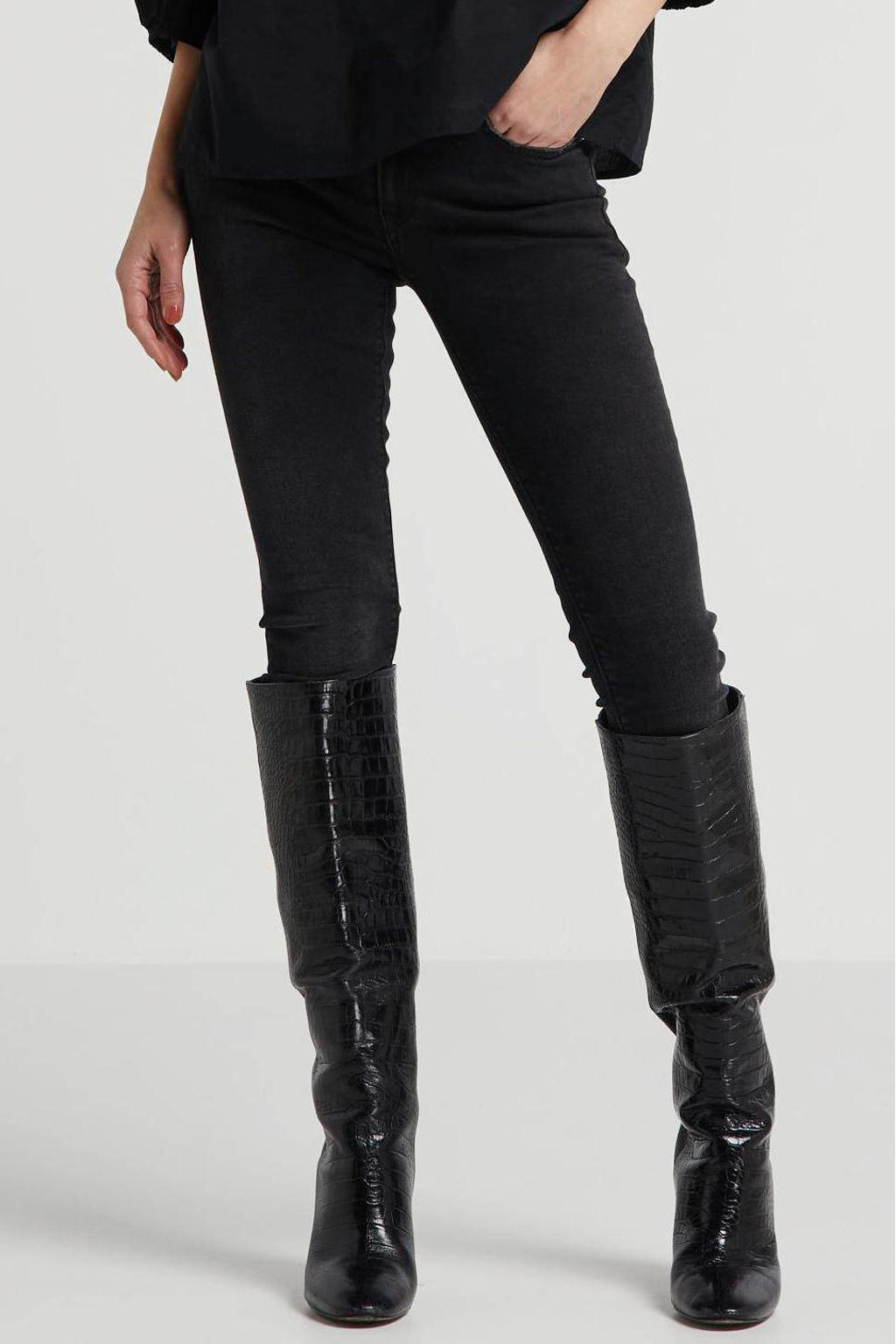 Zwarte dames REPLAY skinny jeans van stretchdenim met rits- en knoopsluiting