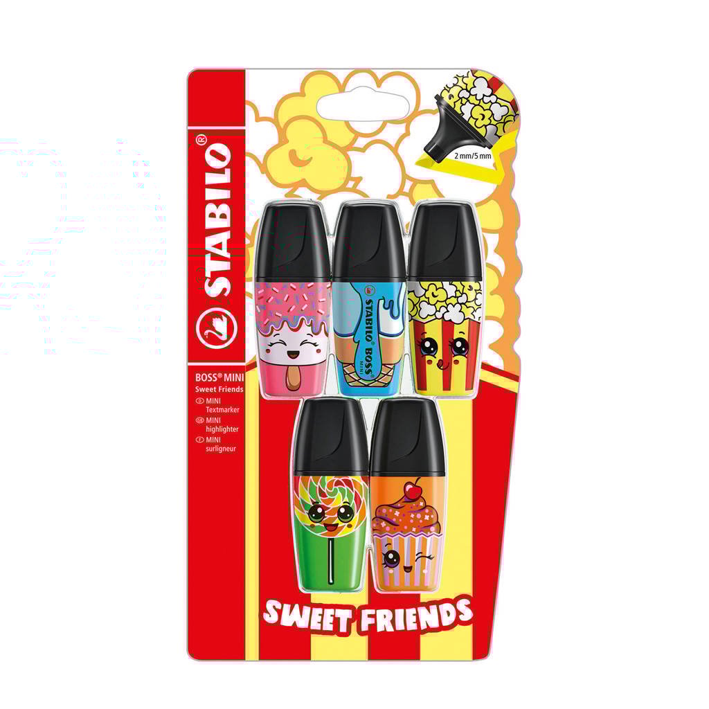STABILO Markeerstift - BOSS MINI - Sweet Friends Edition - Blister Met 5 Kleuren, Multicolour