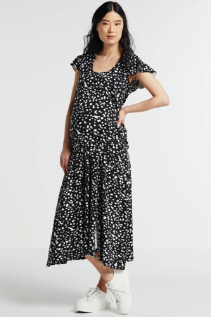 zwangerschapsrok Long Skirt Slit AOP met zijde en all over print zwart/wit