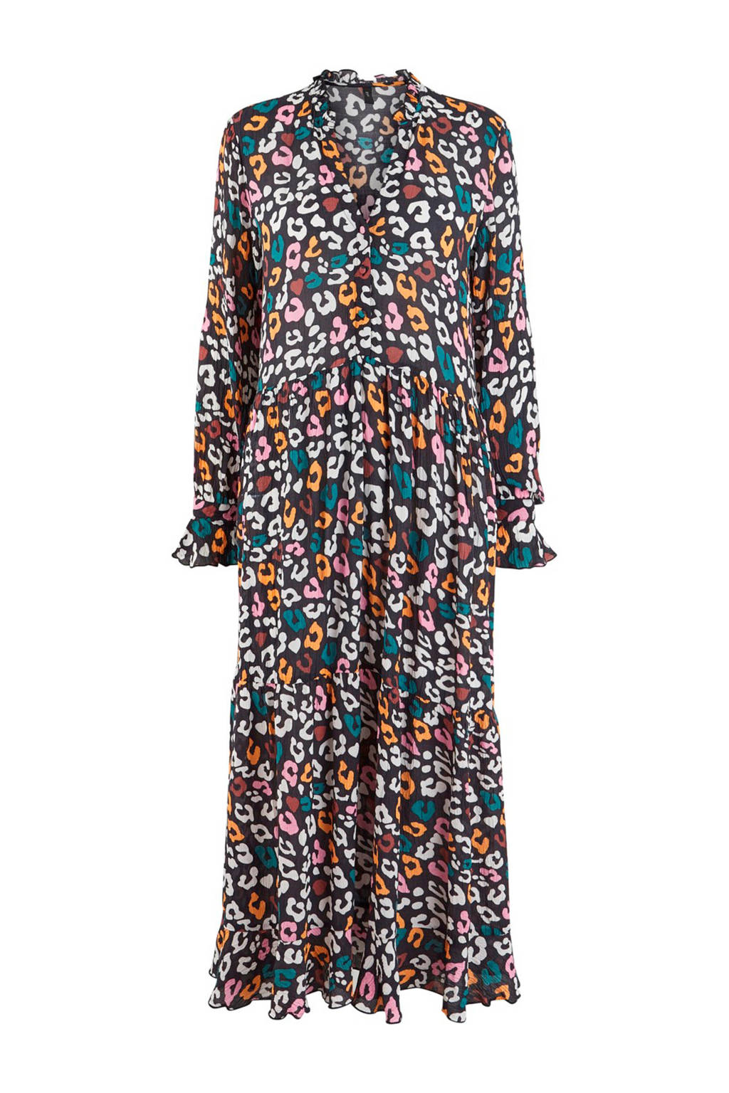 Y.A.S maxi jurk met panterprint en ruches zwart, Zwart