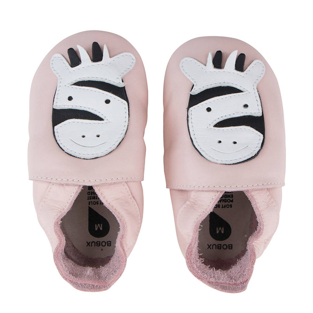 Bobux Soft Soles leren babyslofjes zebra roze, Roze/wit