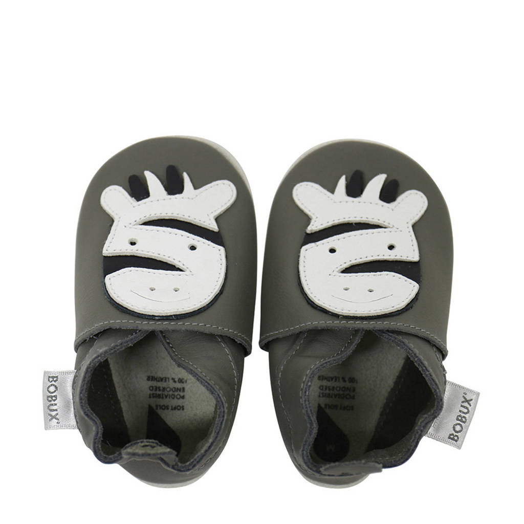 Bobux Soft Soles leren babyslofjes zebra grijs, Grijs/wit