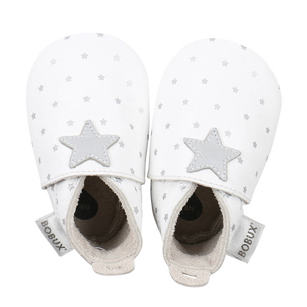 Bobux Soft Soles leren babyslofjes wit/zilver, Wit/zilver
