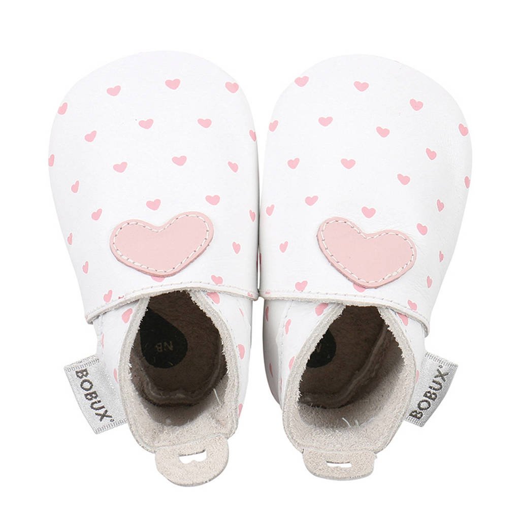 Bobux Soft Soles leren babyslofjes wit/roze, Wit/roze