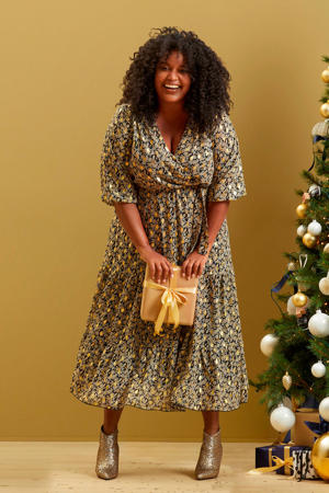 jurk met all over print zwart/goud