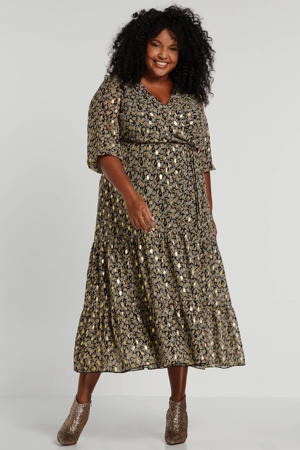 jurk met all over print zwart/goud