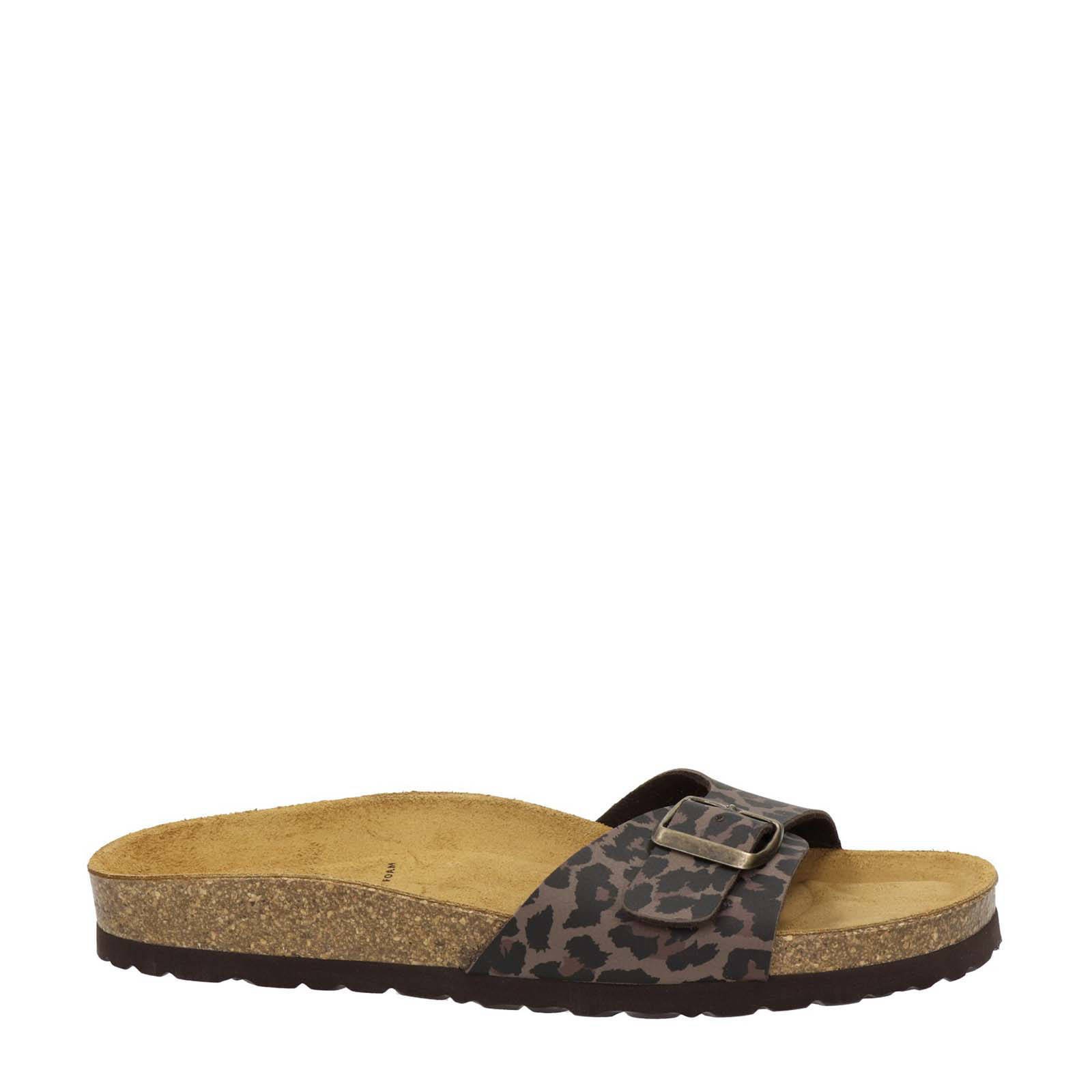 slippers met panterprint bruin