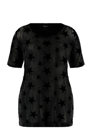 semi-transparante top met sterren en glitters zwart