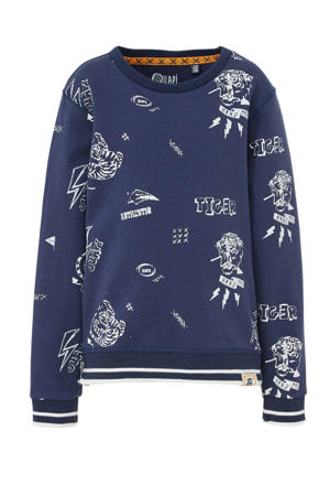 sweater Andre met all over print donkerblauw/wit