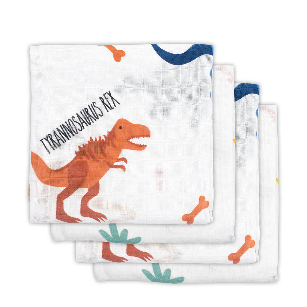 Jollein hydrofiele luiers 70x70 cm Dinosaur - set van 4, Wit/oranje/blauw