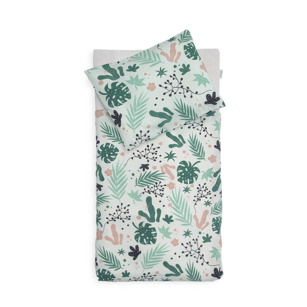 Jollein ledikant dekbedovertrek en sloop 100x140cm Leaves, Groen/roze