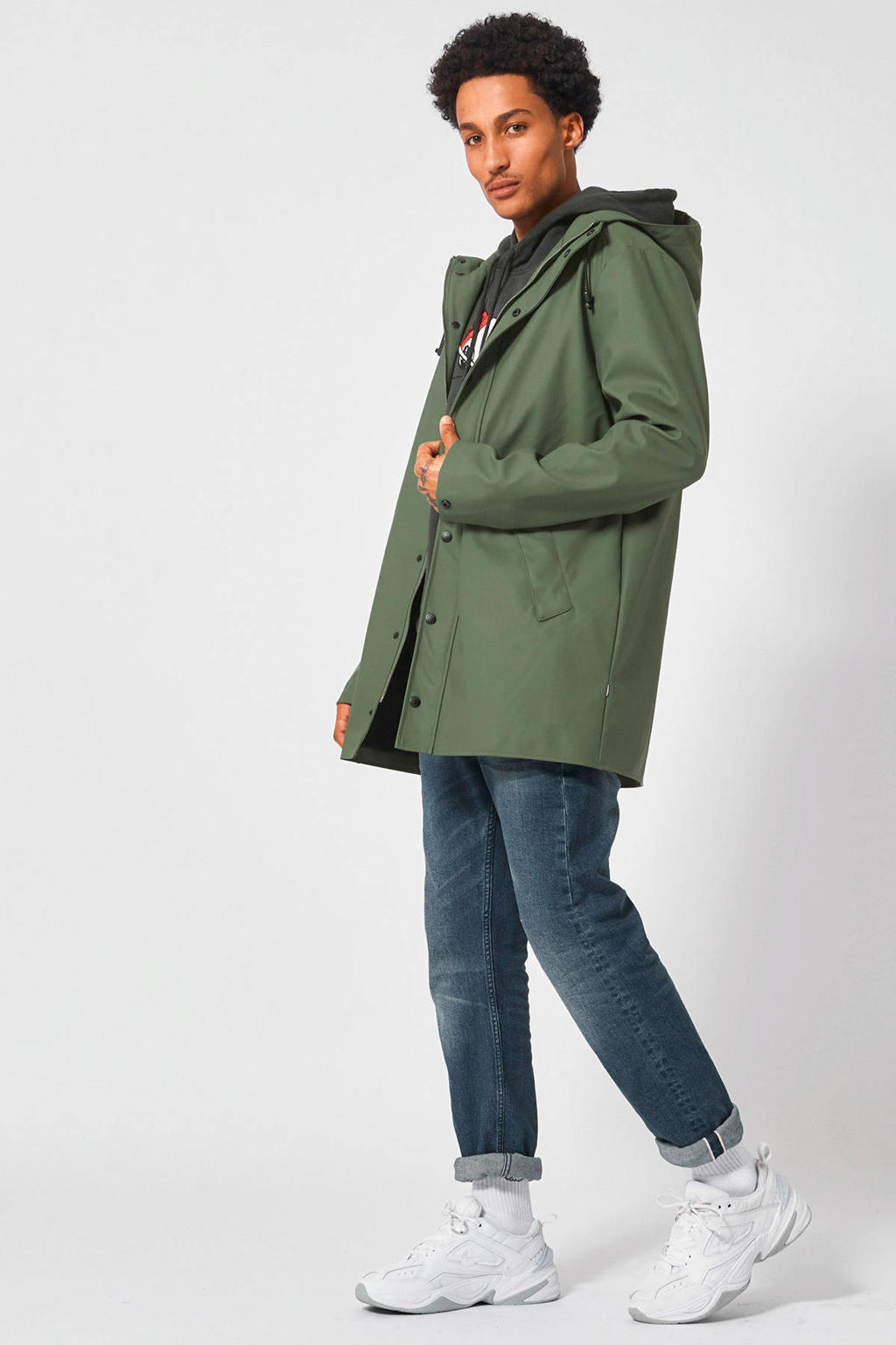 Groene heren America Today straight fit regenjas Jace van polyester met effen, capuchon en rits- en drukknoopsluiting