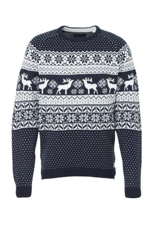 Angelo Litrico grofgebreide trui met sterren donkerblauw/wit