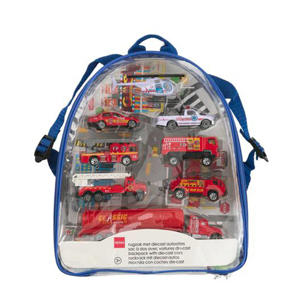 houten rugzak met diecast auto's