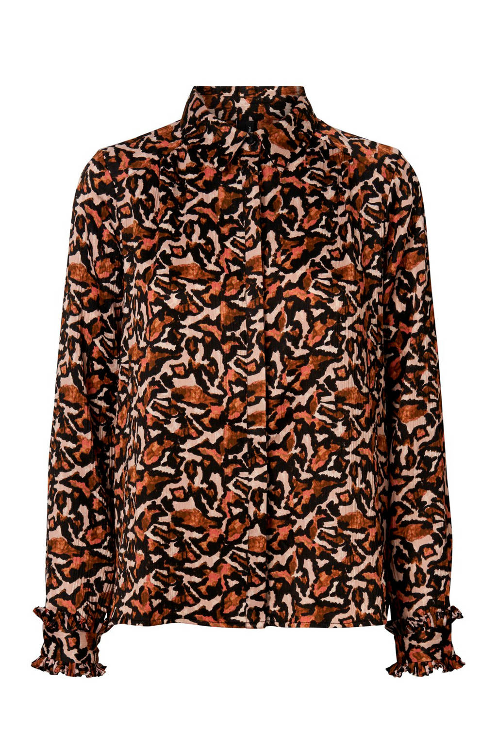 VERO MODA blouse met all over print en ruches bruin/beige, Bruin/beige