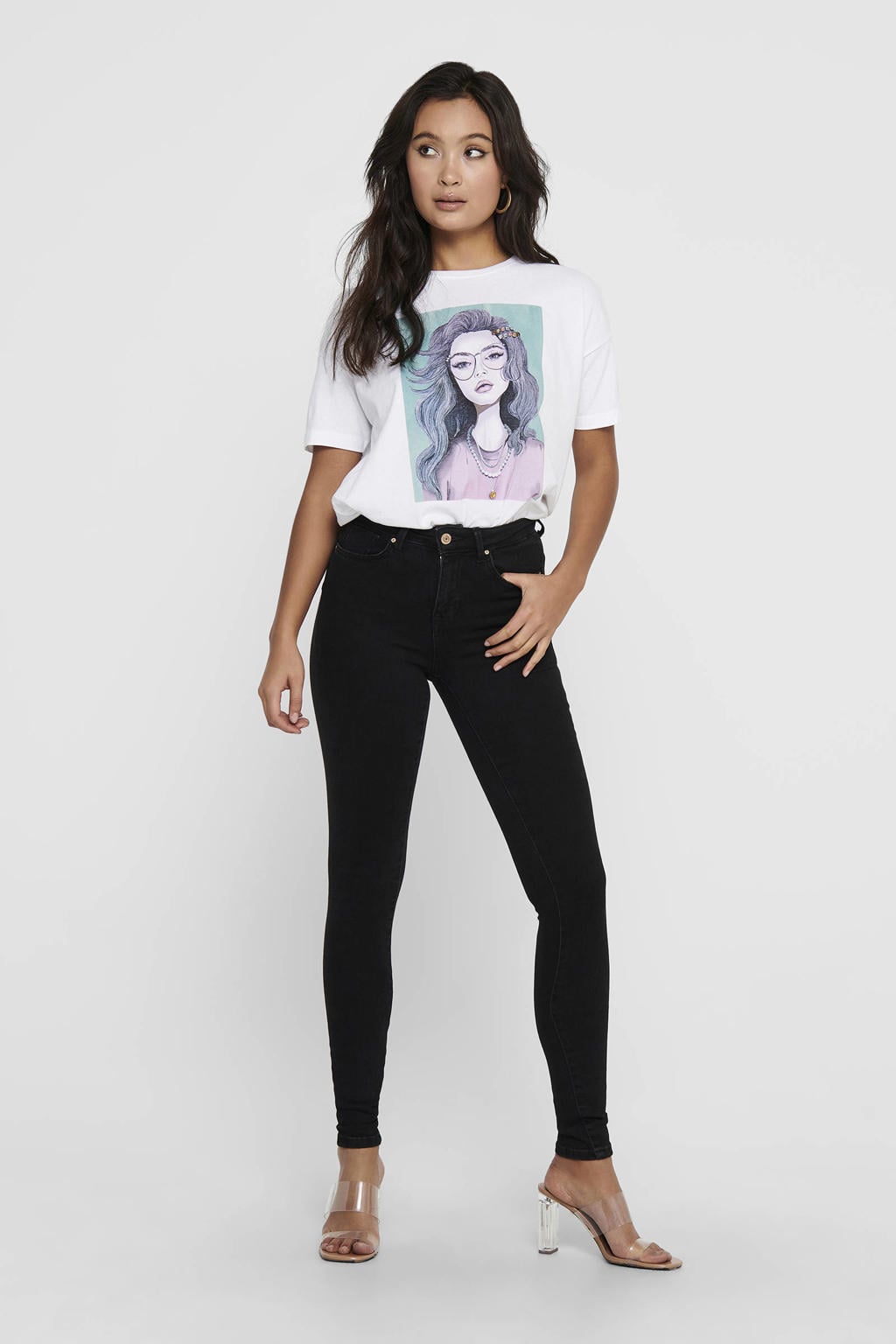 Zwarte dames ONLY push-up skinny jeans van stretchdenim met regular waist, rits- en knoopsluiting en effen