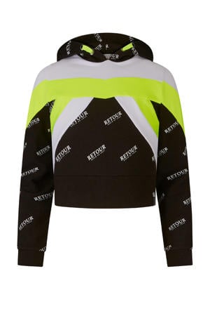 cropped sweater Giselle met all over print zwart/wit/neon geel