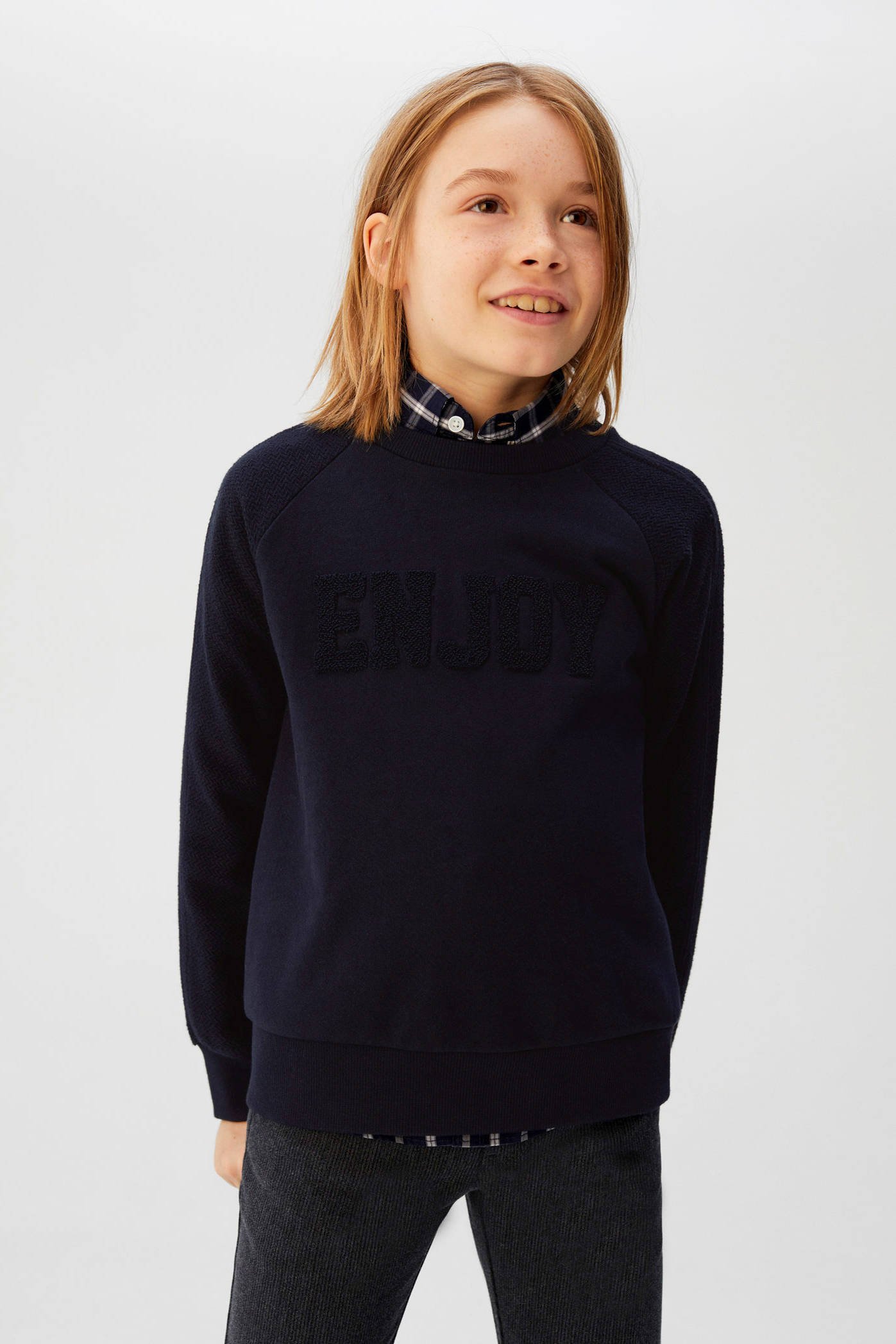 Mango Kids sweater met tekst en 3D applicatie donkerblauw Mango Kids sweater met tekst zwartwit | wehkamp