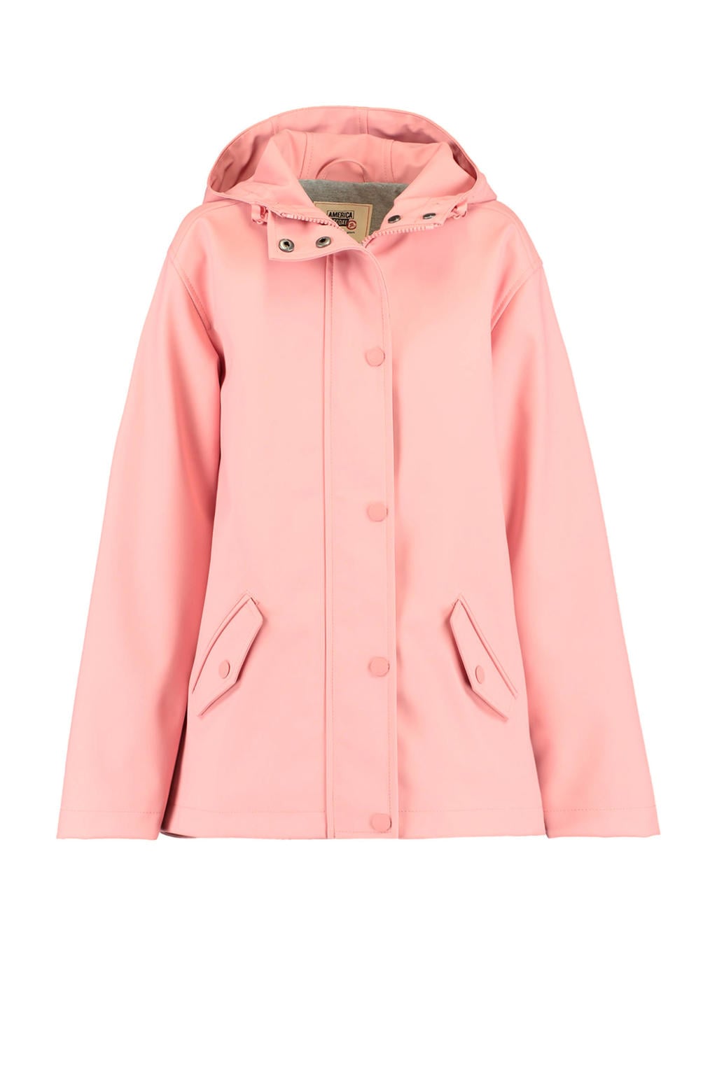 Lichtroze jongens en meisjes America Today Junior gevoerde regenjas van gerecycled polyester met lange mouwen, capuchon en rits- en drukknoopsluiting
