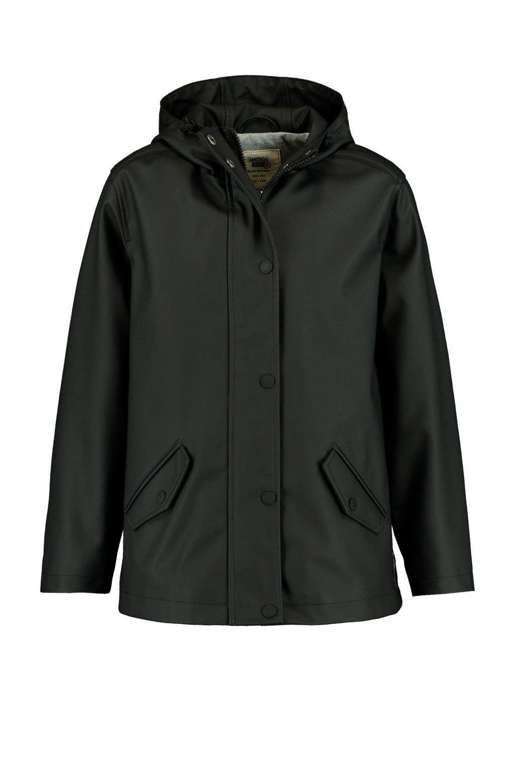 Zwarte jongens en meisjes America Today Junior unisex gevoerde regenjas van gerecycled polyester met lange mouwen, capuchon en rits- en drukknoopsluiting