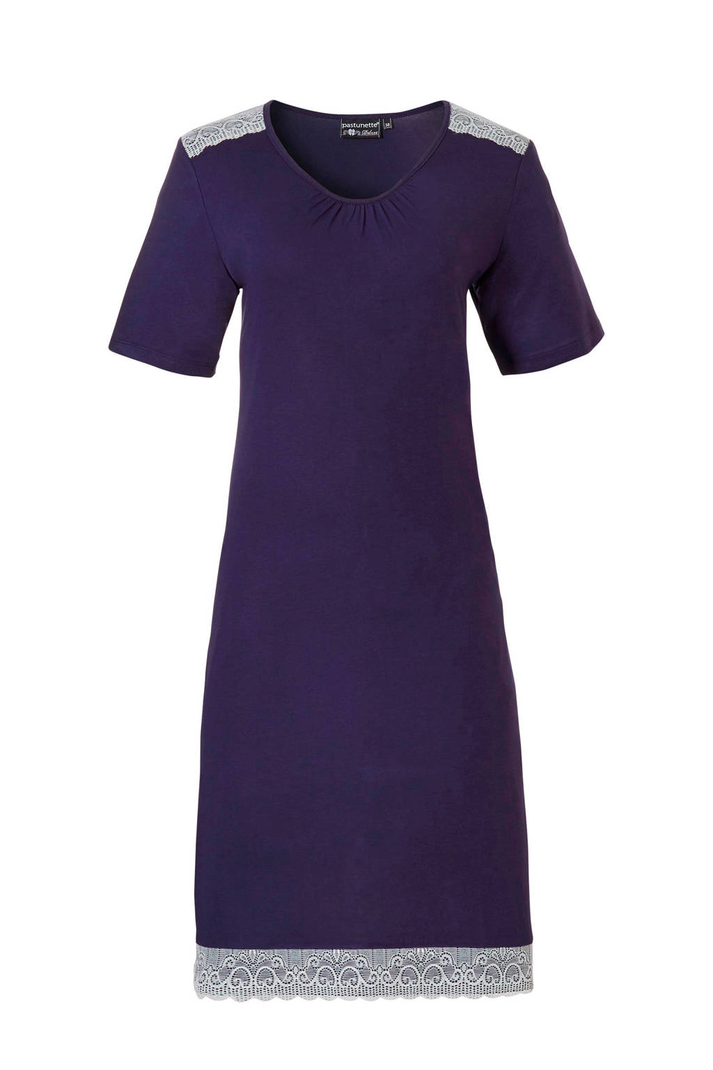 Pastunette nachthemd met kant blauw, Blauw/wit