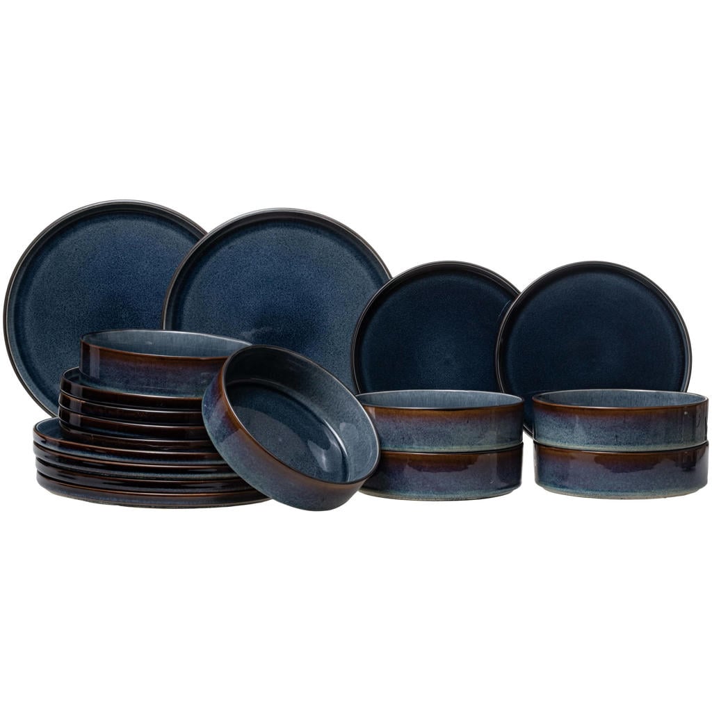 Cosy & Trendy Serviesset Quintana Blue 18-delig / 6 personen - 6 dinerborden, 6 diepe borden en 6 ontbijtborden