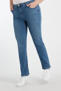 Blauwe dames MS Mode straight fit jeans van stretchdenim met regular waist en rits- en knoopsluiting