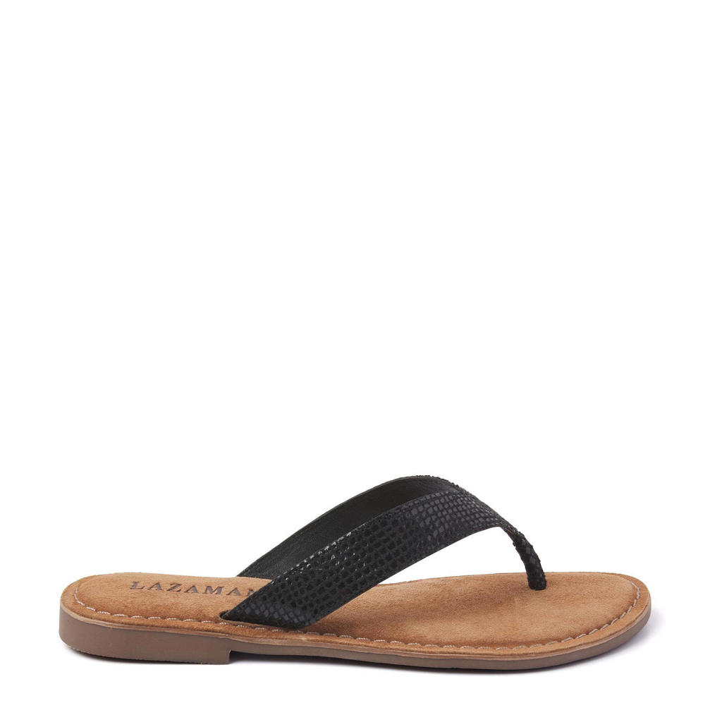 Zwarte dames Lazamani 75.481 leren teenslippers met slangenprint