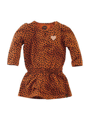 jersey jurk Amalia met panterprint en ruches cognac