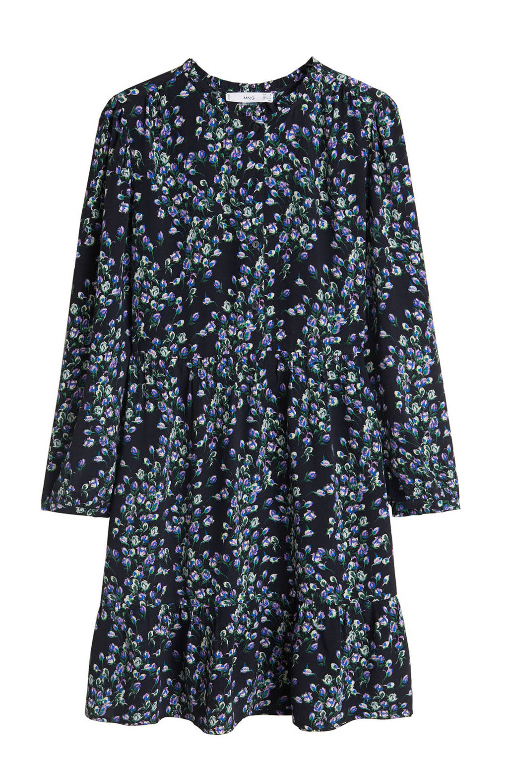 Mango gebloemde jurk zwart/blauw, Zwart/blauw