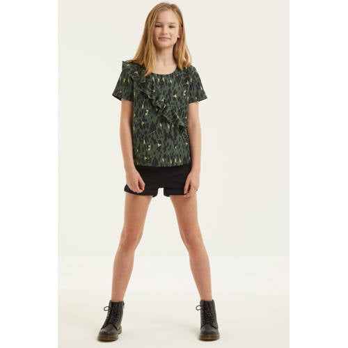 Zigga top met all over print en volant donkergroen/zwart/geel afbeelding