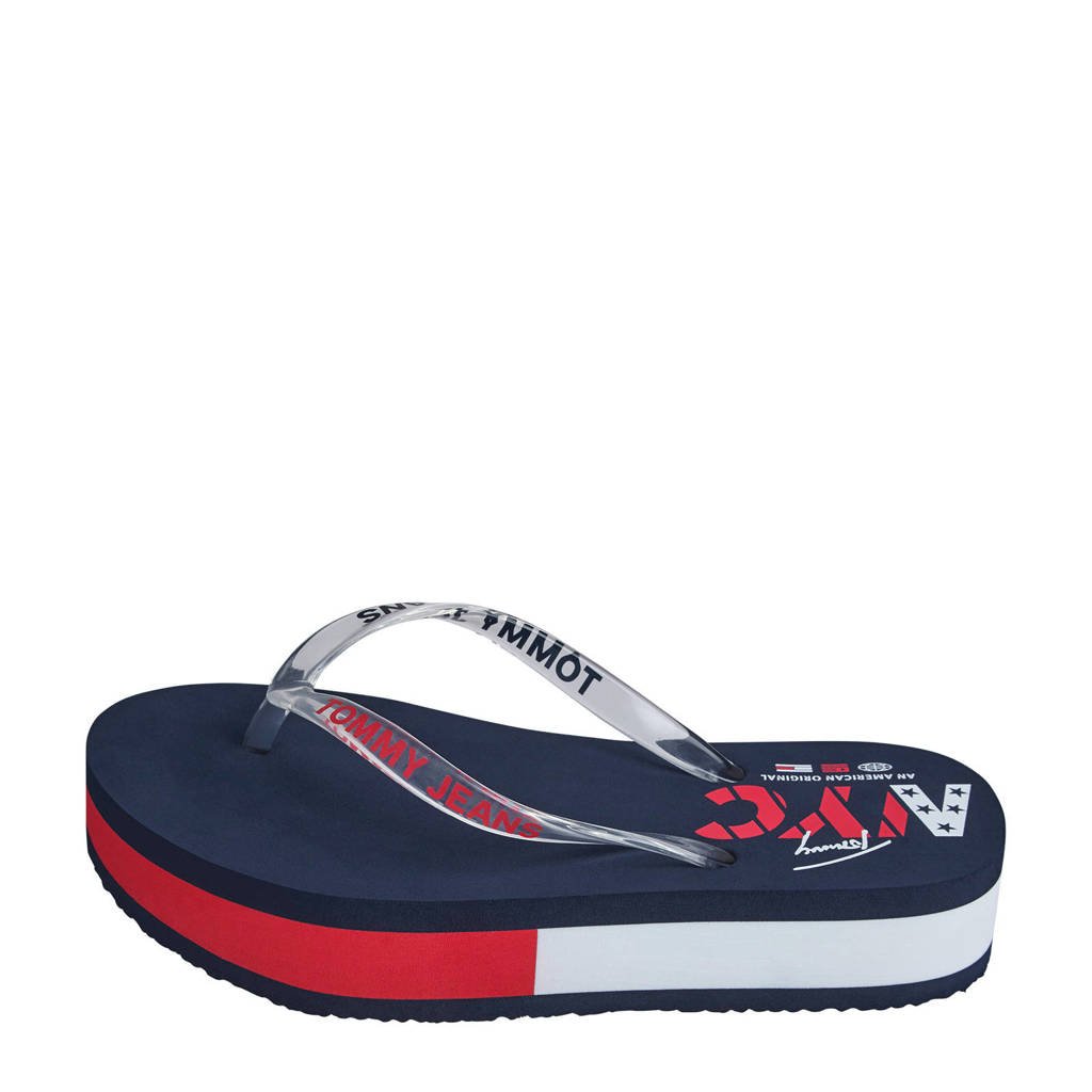 Tommy Jeans Pop Color Mid Beach Sandal plateau teenslippers donkerblauw, Blauw/wit/rood
