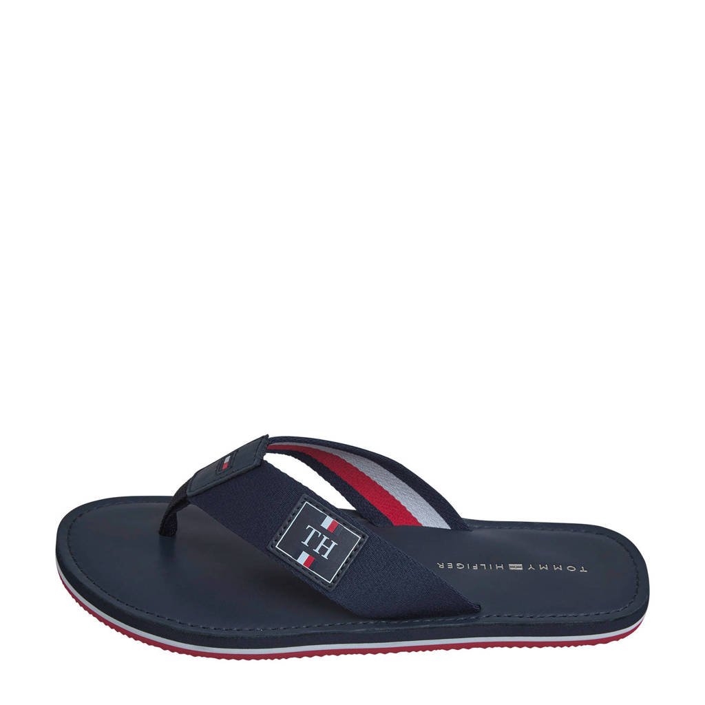 Tommy Hilfiger Elevated Leather Beach Sandal teenslippers donkerblauw, Donkerblauw/rood/wit
