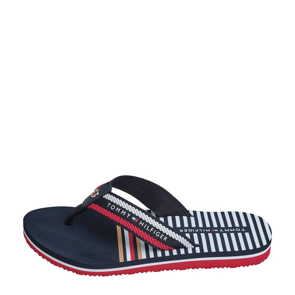 Tommy Hilfiger Stripy Flat Beach Sandal teenslippers donkerblauw, Blauw/wit/rood