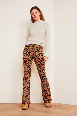 flared broek Eva met panterprint lichtbruin/zwart