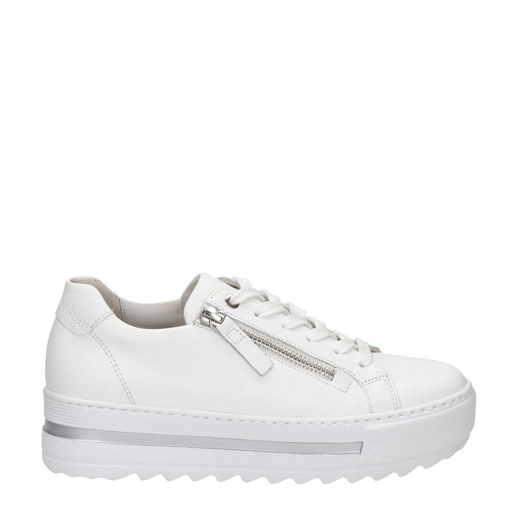 Witte dames Gabor Cervo leren plateau sneakers met rits- en vetersluiting en effen