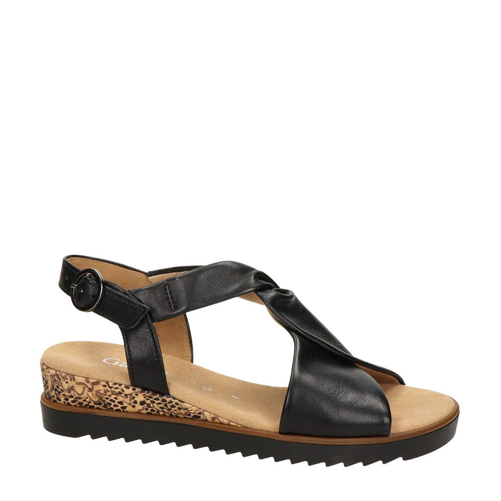 Zwarte dames Gabor leren sandalen met sleehak en gesp