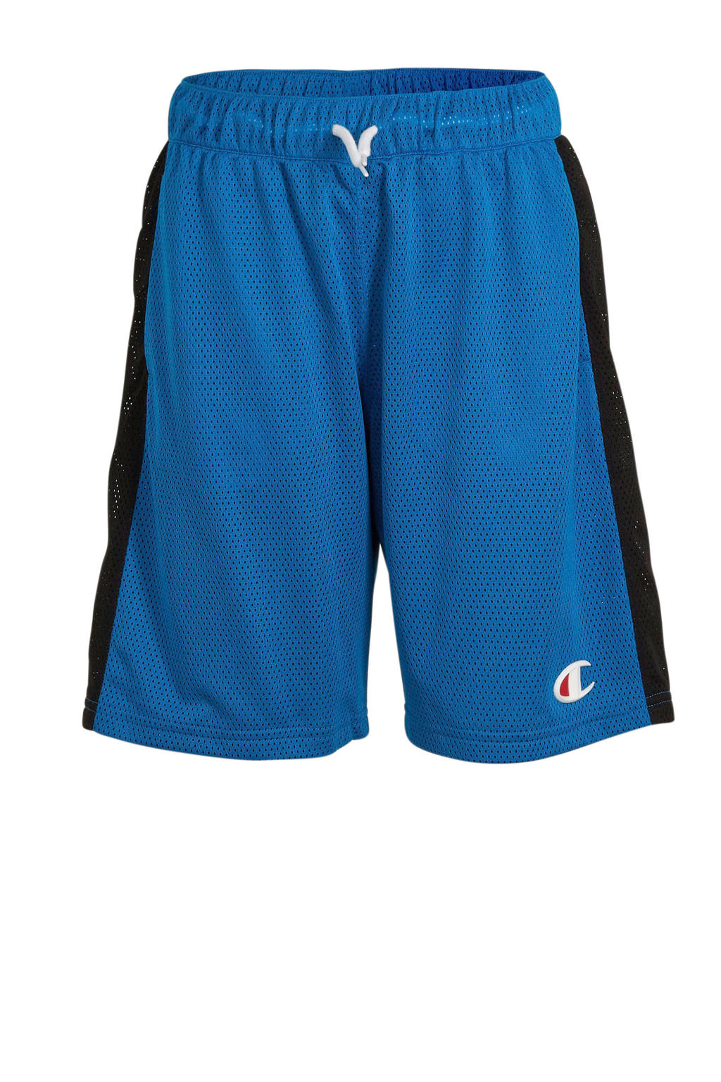 Blauw en zwarte jongens Champion short van polyester met elastische tailleband met koord en logo dessin