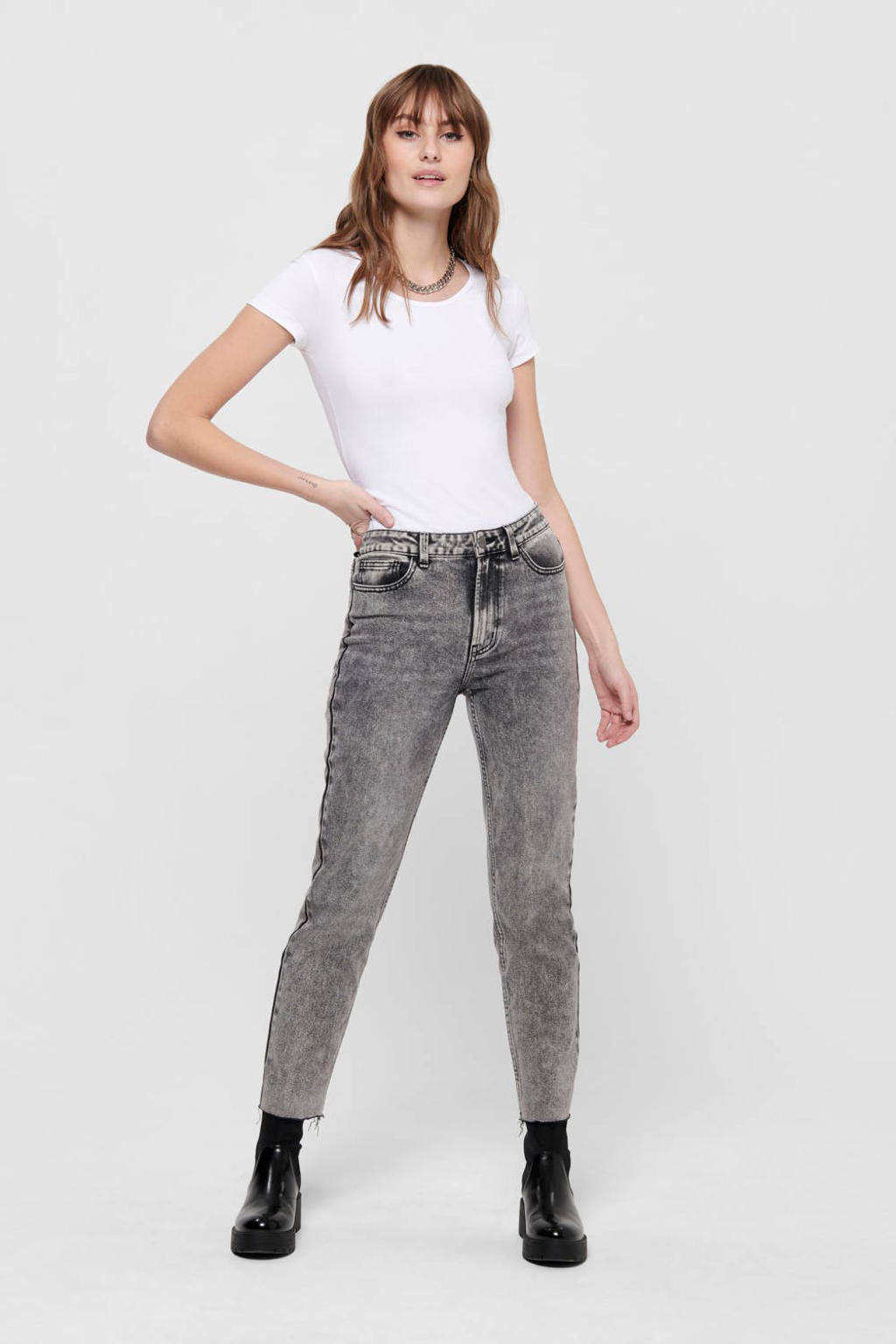 Witte dames ONLY T-shirt van duurzaam stretchkatoen met korte mouwen en ronde hals