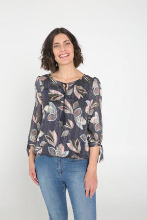 blouse met all over print marineblauw
