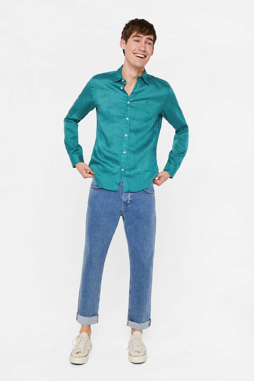 Turquoise heren WE Fashion Fundamentals linnen slim fit overhemd met lange mouwen en klassieke kraag