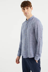 Grijsblauwe heren WE Fashion Fundamentals linnen slim fit overhemd met melée print, lange mouwen en mao kraag