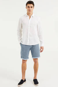Witte heren WE Fashion Fundamentals linnen slim fit overhemd met lange mouwen en klassieke kraag