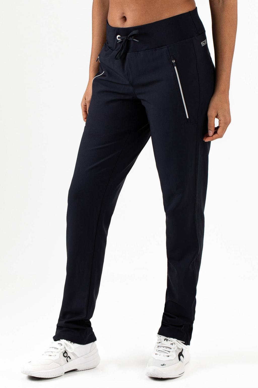 Donkerblauwe dames Sjeng Sports regular trainingsbroek Paris van polyester met elastische tailleband met koord en effen