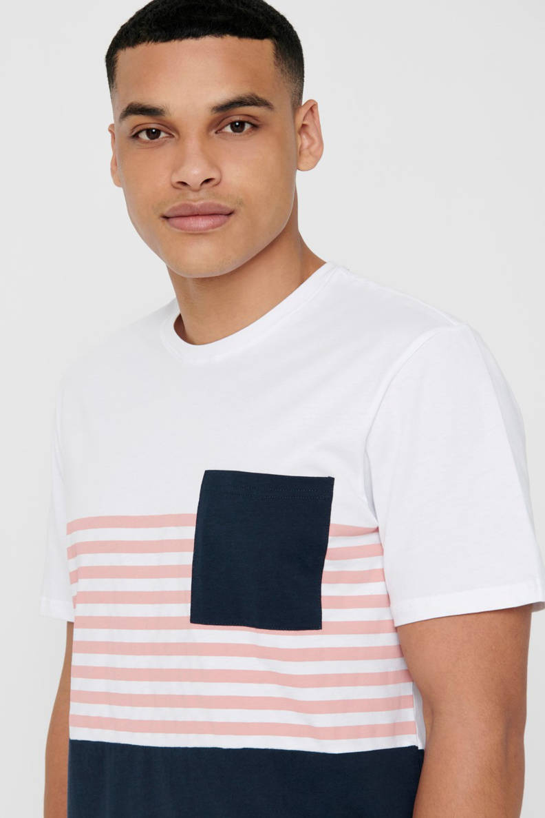 ONLY & SONS Tshirt met strepen donkerblauw/wit/roze wehkamp