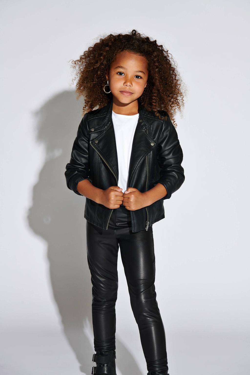 Zwarte meisjes KIDS ONLY imitatieleren bikerjack met lange mouwen, reverskraag en ritssluiting