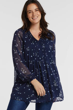 semi-transparante tuniek met all over print en plooien donkerblauw