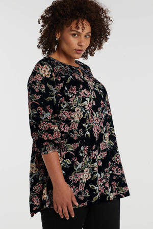 gebloemde tuniek zwart/roze