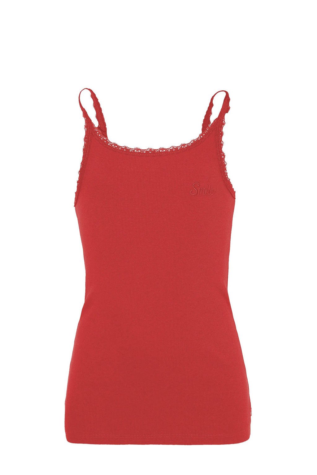 Rode meisjes WE Fashion singlet van stretchkatoen met spaghettibandjes, ronde hals en borduursels