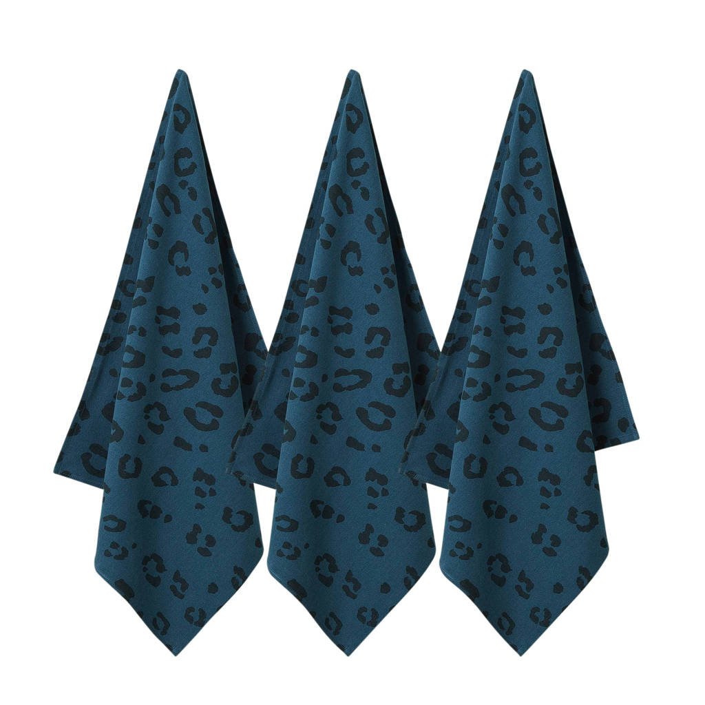 Wehkamp Home theedoek mini panter (65x60 cm) (set van 3), Donkerblauw/zwart